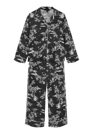 Ensemble de pyjama noir avec un motif floral et étoilé, manches longues, chemise à boutons et pantalons à jambe large avec un passepoil blanc contrastant.