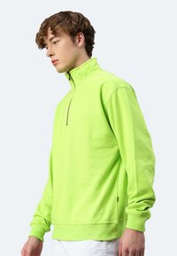 Neongrüner, Reißverschluss-Sweatshirt mit hohem Kragen, langen Ärmeln und gerippten Bündchen. Weicher Stoff und lockere Passform, mit einer seitlichen Tasche.