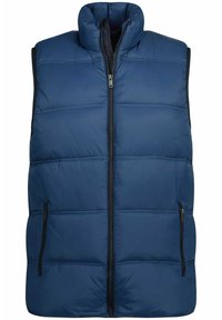 Tummansininen puhviliivi korkealla kauluksella, vetoketjusuljenta ja kaksi etupuolen vetoketjutaskua. Tiivistetty pinta ja mustat korostukset sivuilla.