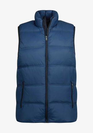 Marineblaue Steppweste mit hohem Kragen, Reißverschluss und zwei vorderen Reißverschlusstaschen. Gequiltete Textur und schwarze Akzente an den Seiten.