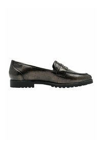 Mocasín en cuero gris metálico oscuro con un acabado texturizado, tacón bajo y una correa decorativa en la parte delantera. Adecuado para uso casual.