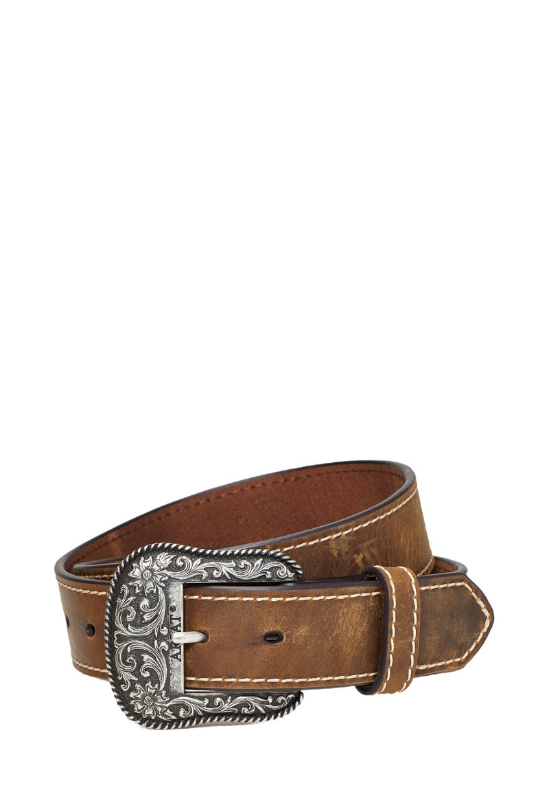 Leather belt in brown with a wide, ornate silver buckle. Features white stitching and a smooth texture. Adjustable with a pointed tip.