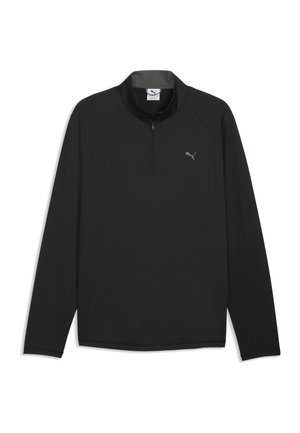 Pull-over athlétique noir à manches longues avec fermeture éclair au quart et petit logo Puma sur le côté gauche de la poitrine, présenté à plat sur fond blanc.
