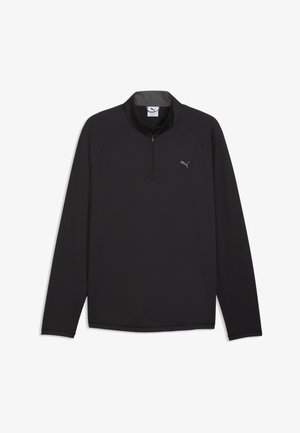 Sort atletisk pullover med lange ærmer, kvart lynlås og lille Puma-logo på venstre bryst, vist fladt på en hvid baggrund.