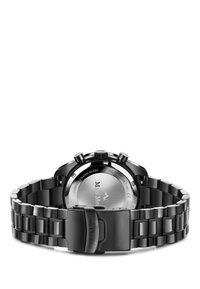 Schwarze Edelstahl-Chronographenuhr mit polierter Oberfläche, mit Saphir-Glasbeschichtung und Metallband mit Faltschließe.