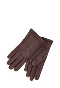 Brązowe skórzane rękawiczki o gładkiej fakturze, z dopasowanym fasonem i ozdobnym przeszyciem wzdłuż krawędzi.