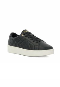 Black quilted sneakers made of textured leather, featuring a white rubber sole and gold accent on the tongue; lace-up design with flat laces.