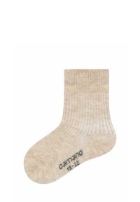 Calzini beige alla caviglia con texture a coste, materiale morbido, punta rinforzata e logo stampato sulla suola.
