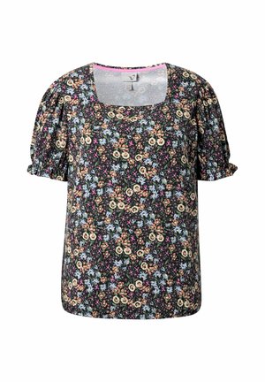 Black short-sleeve blouse with puffed sleeves and a multicolored small floral pattern featuring beige, blue, orange, and pink flowers.