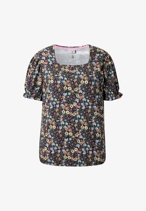 Schwarze Bluse mit kurzen Puffärmeln und einem mehrfarbigen kleinen Blumenmuster mit beigen, blauen, orangen und pinkfarbenen Blumen.
