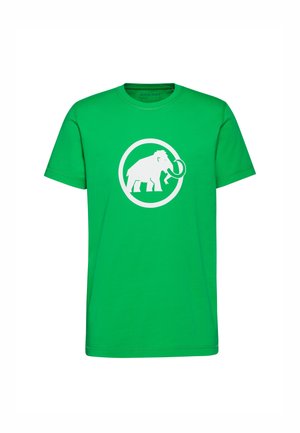 Grön bomull T-shirt med en vit mammut grafik inom en cirkulär kontur, rund halsringning och korta ärmar.