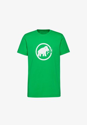 T-shirt verde in cotone con una grafica di un mammut bianco all'interno di un contorno circolare, colletto rotondo e maniche corte.