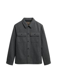 Grau gestreifter Blazer aus strukturiertem Stoff, mit kragenlosem Ausschnitt, zwei Brusttaschen und durchgehendem Knopfverschluss.