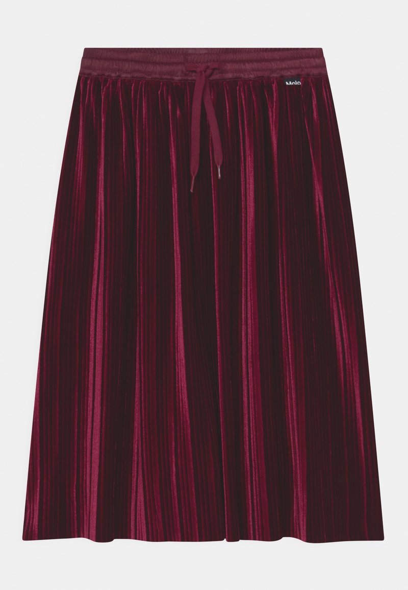Jupe plissée bordeaux en velours doux avec une taille élastique et un cordon de serrage. Présente des rayures verticales et une coupe décontractée.