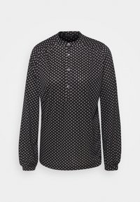 Camicia nera a maniche lunghe con motivo a rombi bianchi, colletto alla mandarino, chiusura frontale con bottoni e maniche arricciate. Tessuto dalla texture liscia.