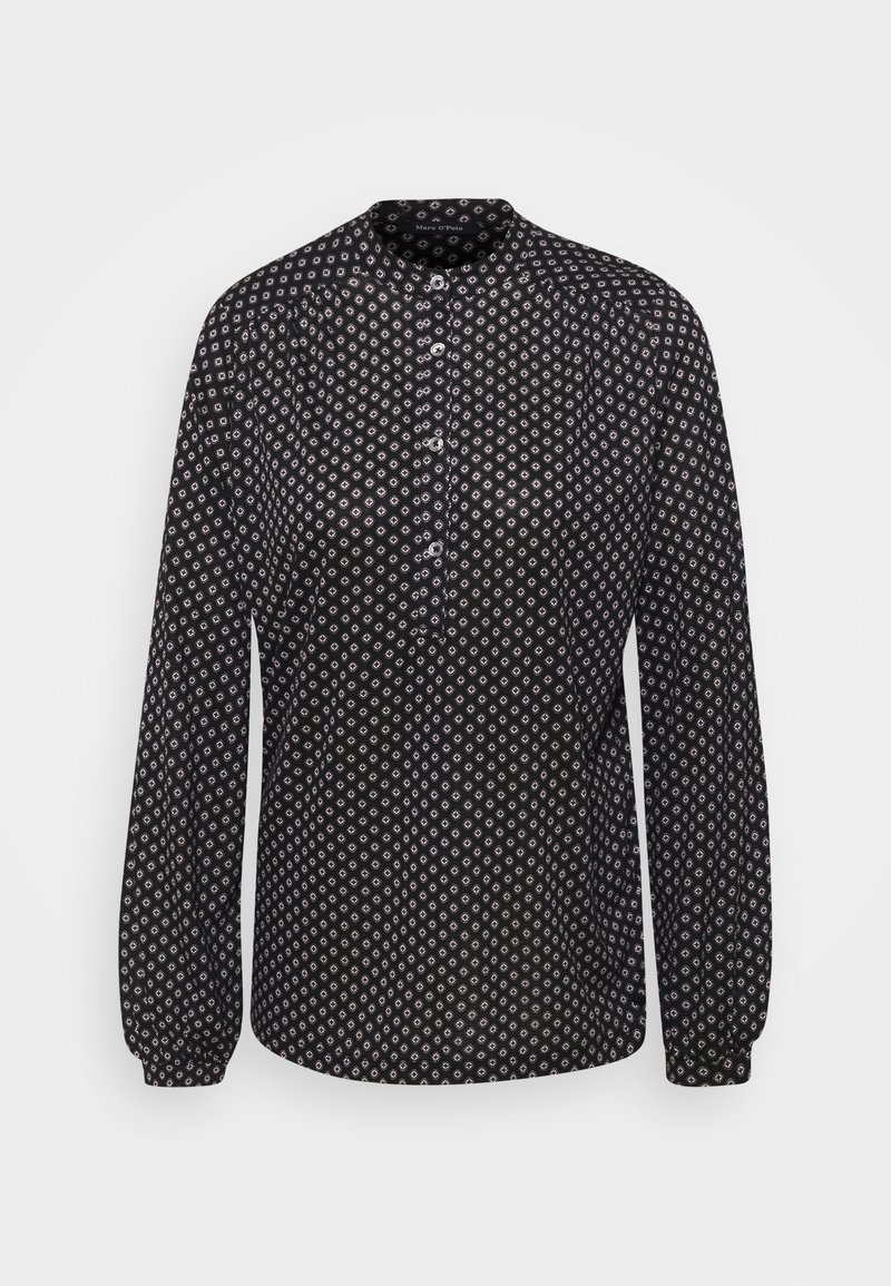 Camicia nera a maniche lunghe con motivo a rombi bianchi, colletto alla mandarino, chiusura frontale con bottoni e maniche arricciate. Tessuto dalla texture liscia.