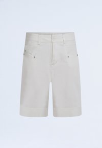 Beige shorts van lichtgewicht stof, met een rechte snit, omgeslagen zoom, vijf zakken en metallic knoopdetails.