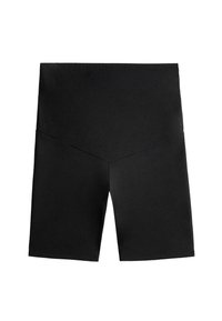 Shorts de cyclisme noirs avec une taille haute et un design de couture géométrique. Fabriqués en tissu lisse et extensible avec une finition mate.