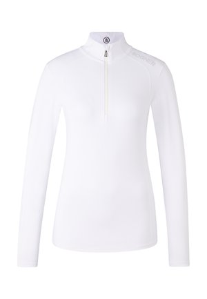 Hvid langærmet zip-up trøje med høj krave, lavet af glat, strækbart materiale. Har et lille logo på kraven og et diskret brandnavn.