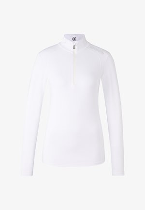 Hvid langærmet zip-up trøje med høj krave, lavet af glat, strækbart materiale. Har et lille logo på kraven og et diskret brandnavn.