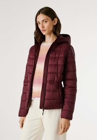 Vrouw in een bordeauxrode gewatteerde hoodie-jack over een roze en beige verlooptrui en witte broek, staande tegen een effen achtergrond.