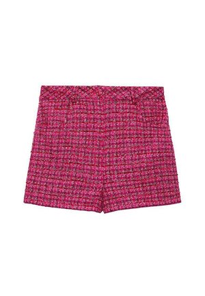 Woven pink shorts z zloženim vzorcem, s ravnim pasom in ravnim krojem. Akcenti dodajajo dimenzijo tkanini.