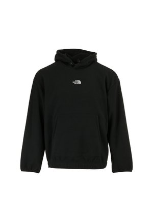 Felpa nera realizzata in tessuto morbido, con tasca frontale, cordini e un logo bianco sul petto. Vestibilità rilassata con maniche lunghe.