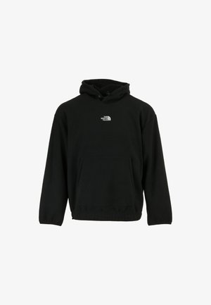 Felpa nera realizzata in tessuto morbido, con tasca frontale, cordini e un logo bianco sul petto. Vestibilità rilassata con maniche lunghe.