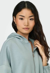 Lyseblå hettejakke med myk tekstur, med hette, sidelommer og ribbede mansjetter. Modellen holder glidelåsen med den ene hånden.