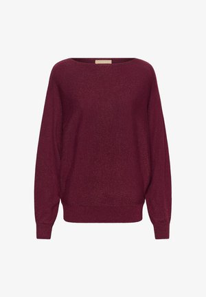 Burgunderfarbener, locker sitzender Pullover aus einem strukturierten, schimmernden Strick. Verfügt über einen weiten Ausschnitt sowie gerippte Bündchen und Saum.