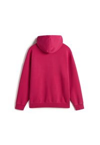 Sweat-shirt en polaire de couleur rose vif avec une poche kangourou, des poignets côtelés et une capuche à cordon, offrant une texture douce et lisse.