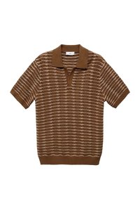 Pánská polokošile s krátkým rukávem v hnědé barvě s bílými a béžovými vodorovnými pruhy, s texturovaným úpletem a límečkem.