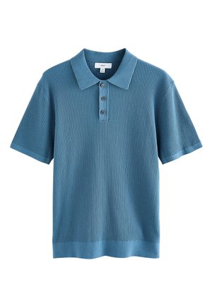Blå ribstrikket polo med krave, tre-knaps lukning, korte ærmer og ensfarvet kant. Tekstureret stof.