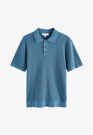 Blå ribstrikket polo med krave, tre-knaps lukning, korte ærmer og ensfarvet kant. Tekstureret stof.