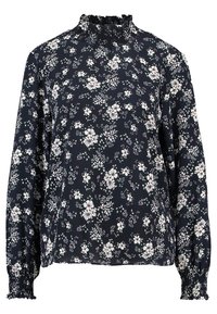 Blouse bleu marine à manches longues avec imprimé fleuri blanc, col montant à volants et poignets à volants.