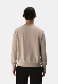 Felpa beige con maniche lunghe, polsini a costine e collo rotondo. Tessuto liscio con un design semplice. Indossata con pantaloni neri.