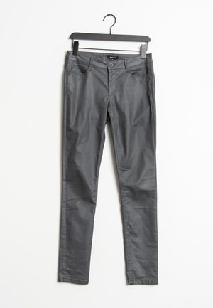 Gray cotton-blend pants with a slim fit, five-pocket design, front button closure, and belt loops. Smooth texture with a slightly shiny finish.