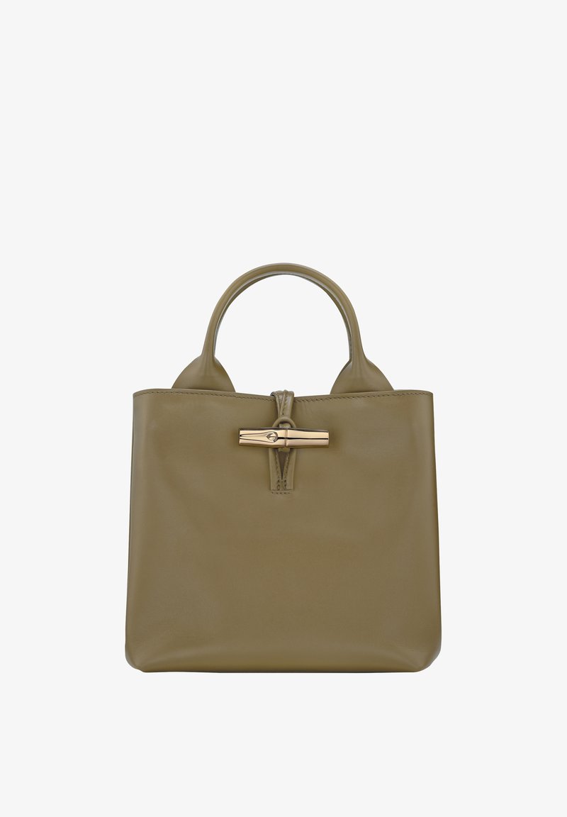 Olive green leather handbag with a structured shape, dual handles, and a gold-tone zipper closure accented with a decorative hardware piece.