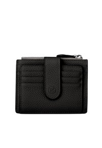 Portafoglio in pelle nera con superficie testurizzata, dotato di quattro scomparti per carte, un compartimento con zip e una chiusura magnetica.