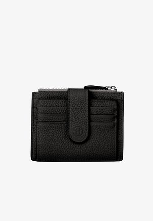 Zwarte leren portemonnee met een gestructureerd oppervlak, met vier kaartsleuven, een ritscompartiment en een magnetische sluiting.