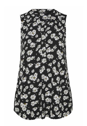 Ärmellose schwarze Bluse mit weißem Gänseblümchen-Print, V-Ausschnitt und Knopfverschluss vorne.