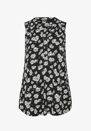 Mouwloze zwarte blouse met witte madeliefjesprint, V-hals en knoopsluiting aan de voorkant.
