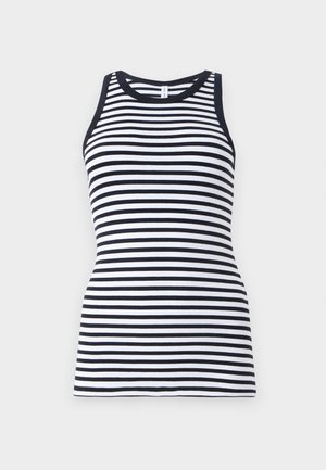 Marineblå og hvite striped ermeløs tanktopp med rund hals og ribbet tekstur, med en tettsittende design.