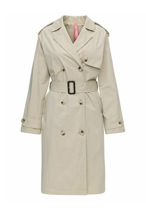 Beiger doppelt geknöpfter Trenchcoat mit schwarzer Gürtelschnalle, geknöpften Manschetten, Schulterklappen und gestuftem Reverskragen, mittellanges Design.