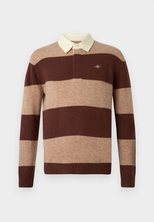 Maglietta da rugby a maniche lunghe con ampie righe orizzontali marroni e beige e colletto color crema, con un piccolo logo ricamato sul petto.