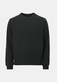 Felpa nera in cotone, con scollatura tonda, maniche lunghe e polsini e orlo a costine. Tessuto liscio senza motivi distintivi.