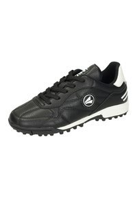 Chaussure de sport noire avec tige texturée, semelle en caoutchouc, fermeture à lacets, accents blancs et détail du logo sur le côté.