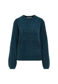 Teal stickad tröja med ett strukturerat vågmönster, rund halsringning och långa ärmar med ribbade mudd och nederkant.