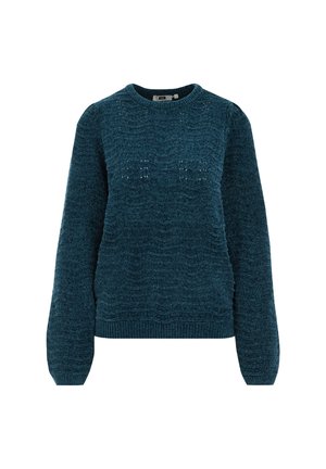 Teal stickad tröja med ett strukturerat vågmönster, rund halsringning och långa ärmar med ribbade mudd och nederkant.