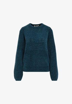 Maglione lavorato a maglia in tonalità teal, caratterizzato da un motivo a onda testurizzato, colletto rotondo e maniche lunghe con polsini e orlo a coste.